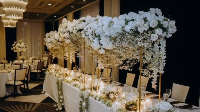 Wedding reception table with white florals at Kimpton Gray Hotel