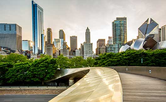 Chicago skyline viewed from Millennium Park at sunrise